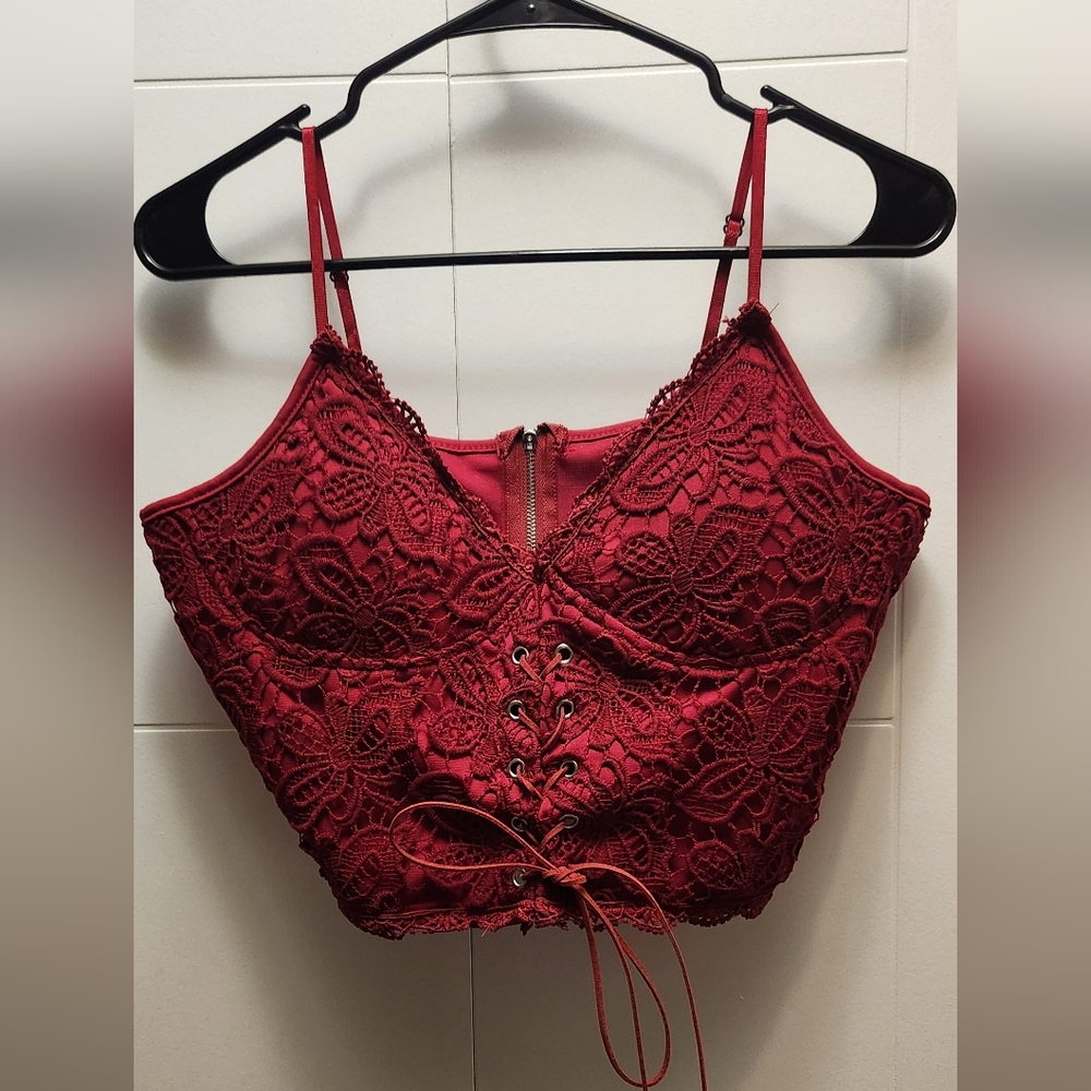 Source Unknown Red Lace-Up Bustier Camisole